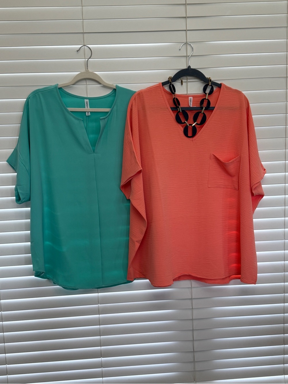 Zenana Outfitters Coral V-Neck Pocket Top and Teal Split-Neck Blouse